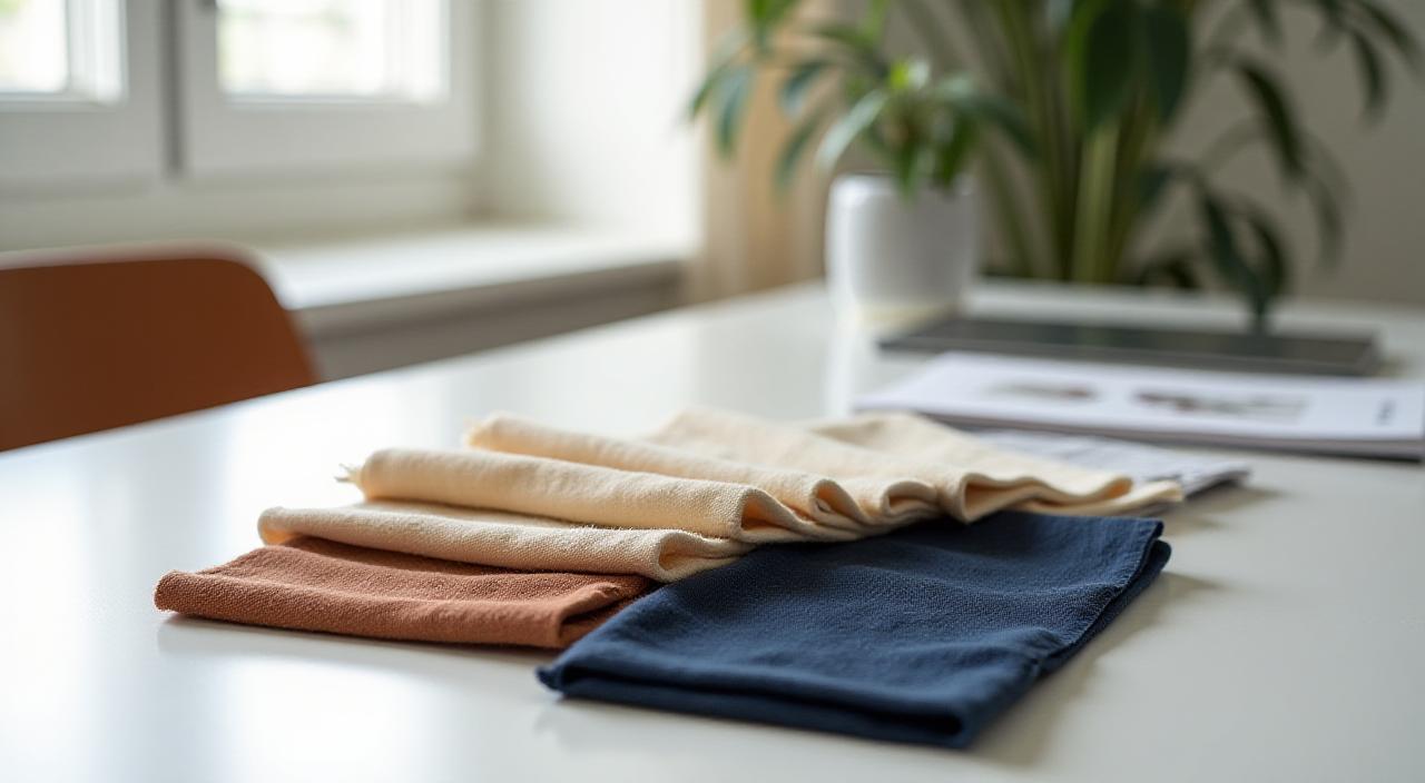 Sustainable fabric samples in a modern design studio