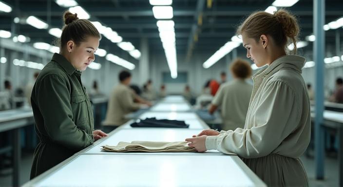 Quality control officer inspecting garments on the production line